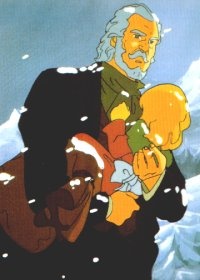 Siwowłosy Jean Valjean osłania małą Cosette podczas śnieżycy na okładce Jean Valjean Monogatari