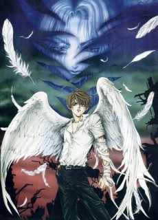 Setsuna i Sara otoczeni anielskimi postaciami na mrocznej okładce OVA Angel Sanctuary