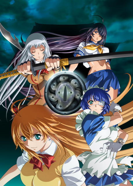 Okładka Ikkitousen Shuugaku Toushi Keppuuroku z wojowniczkami akademii wokół srebrnego emblematu
