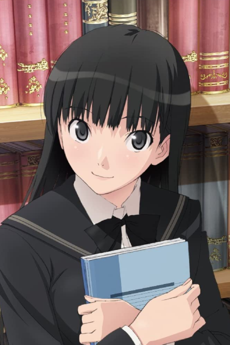 Dziewczyna w szkolnym mundurku trzymająca niebieską książkę na okładce Amagami SS+ plus Picture Drama