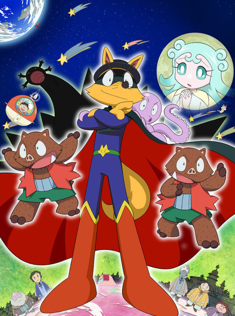 Kosmiczny plakat Kaiketsu Zorori Uchuu no Yuusha-tachi z Zororim w czerwonej pelerynie i mieszkańcami planety Mumoon