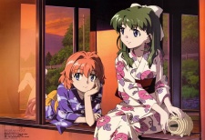 Please☆Twins!: The Summer Never Ends — Miina i Karen przy oknie o zachodzie słońca
