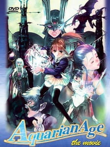 Okładka Aquarian Age the Movie z bohaterkami kilku frakcji na tle magicznych symboli i zniszczonego miasta