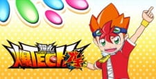 Pozioma okładka Baku TECH! Bakugan Gachi z rudowłosym chłopcem wskazującym palcem, kolorowymi Bakuganami i czarno-czerwonym logo