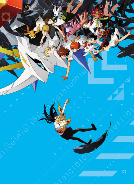 Bohaterowie i Digimony spadający w niebieską cyfrową przestrzeń