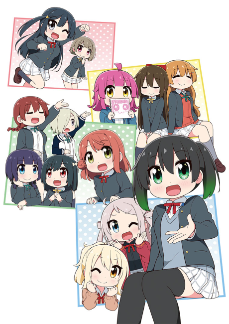 Trzynaście chibi idolek Nijigasaki w szkolnych mundurkach — NIJIYON ANIMATION