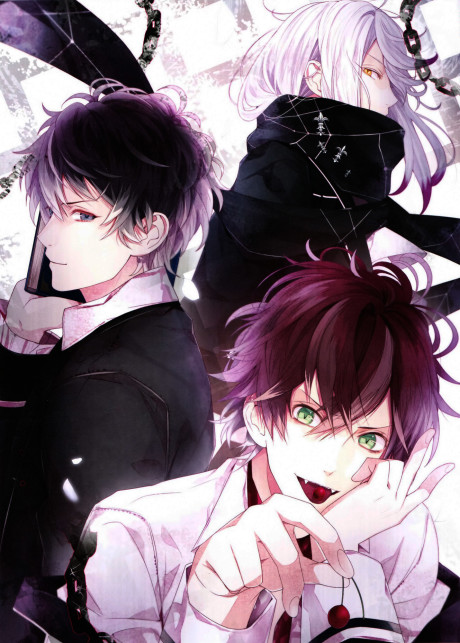 Trzej bracia Sakamaki na tle popękanego szkła - okładka DIABOLIK LOVERS OVA
