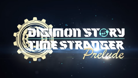 Logo Digimon Story Time Stranger Prelude na ciemnogranatowym tle z motywem koła zębatego