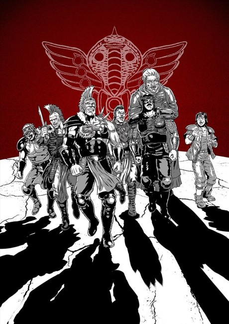Żołnierze armii Raoh maszerujący na czerwonym tle na okładce anime Hokuto no Ken