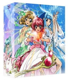 Okładka wydania Magic Knight Rayearth z Hikaru, Umi i Fuu w magicznych strojach na tle błękitnego Cephiro