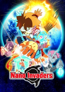 Okładka anime Nano Invaders z Hikaru w nanokombinezonie na tle Ziemi i kosmicznych przeciwników