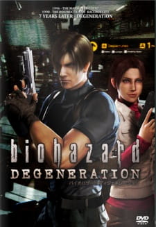 Okładka filmu Resident Evil: Degeneration z Leonem Kennedym i Claire Redfield z bronią
