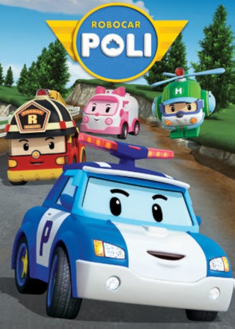 Poli, Roy, Amber i Helly na leśnej drodze pod logo serialu Robocar Poli