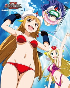 Trzy bohaterki Robot Girls Z w strojach kąpielowych na tle błękitnego nieba