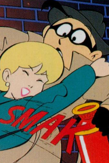 Zamaskowany Slippy Dandy obejmuje Audrey podczas akcji — okładka anime