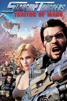 Okładka Starship Troopers: Traitor of Mars z Johnnym Rico, marsjańskimi żołnierzami i atakującymi pajęczakami