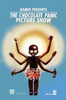 Czarna wieloręka figura z czerwonym pomponem na błękitnej okładce The Chocolate Panic Picture Show
