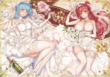 Jasna ilustracja do Shinmai Maou no Testament: DEPARTURES z niebieskowłosą i rudowłosą bohaterką w ozdobnych białych strojach