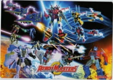 Okładka Transformers: Robot Masters z Convoyem, Beast Megatronem i robotami walczącymi pośród smug energii
